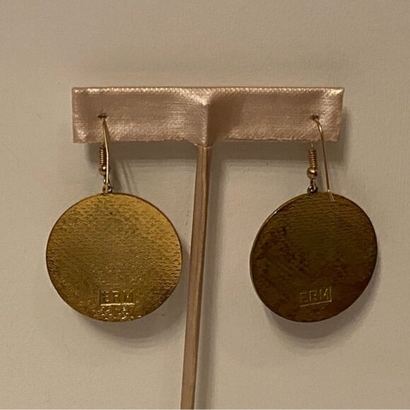 SIGNED ERM EARRINGS PINK DOUBLE PHOENIX BLUE STRIPE GOLD TONE CIRCLE DROP WIRE - Picture 6 of 8